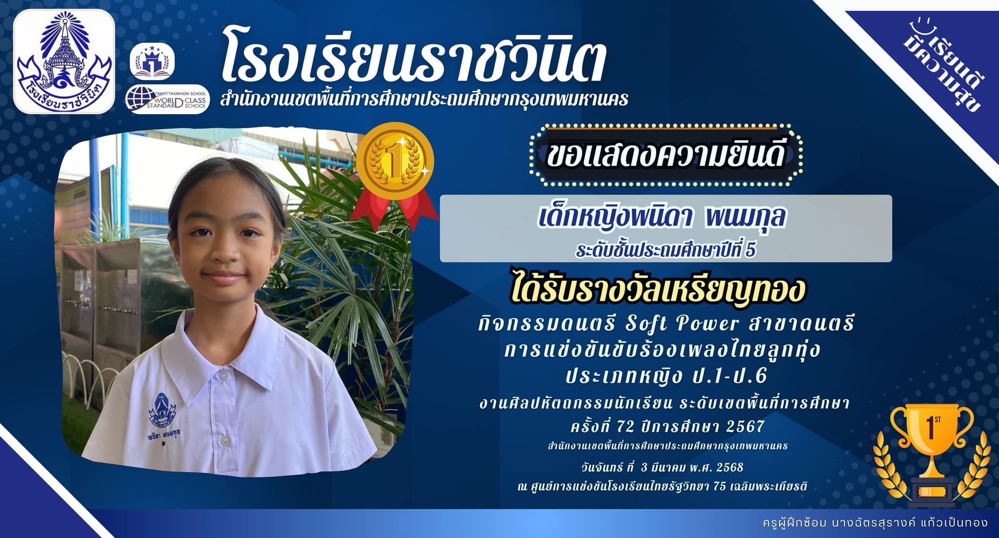 ขอแสดงความยินดีกับเด็กหญิงพนิดา พนมกุล